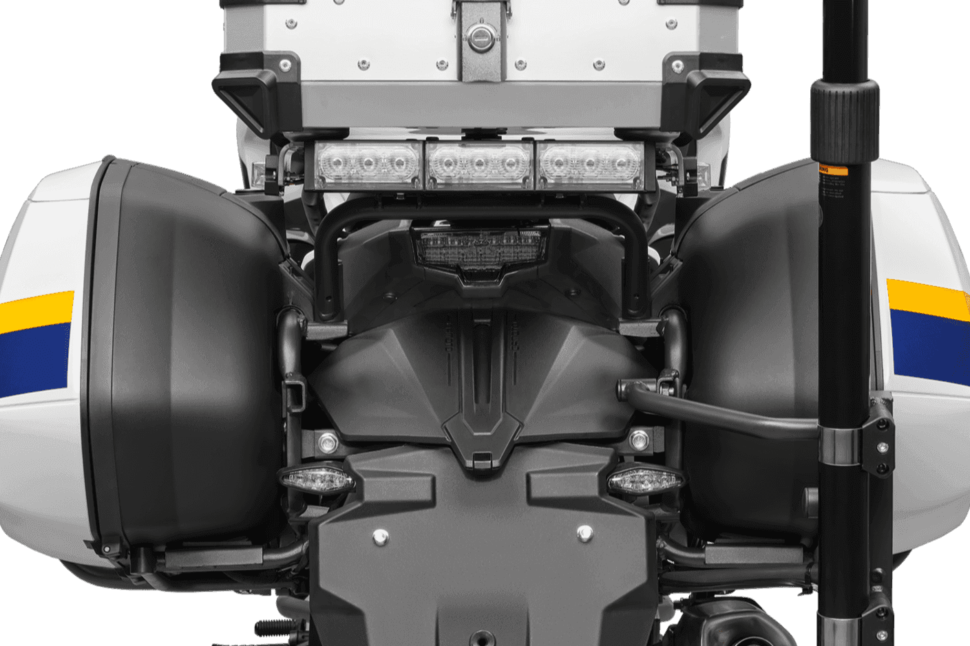 Rear view of a white police motorcycle featuring side cases and an LED light bar.