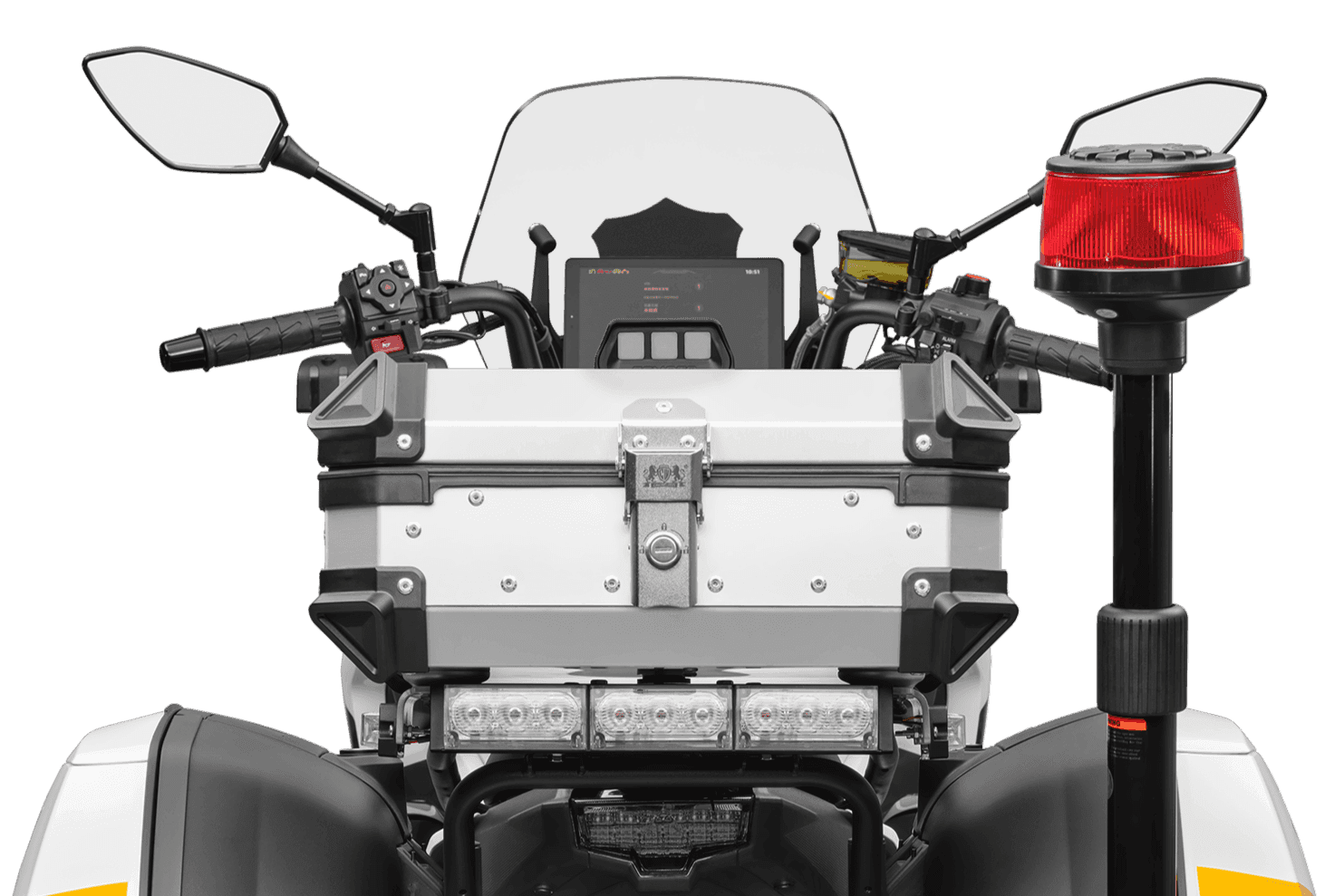 Top-down rear view of a white police motorcycle with a red warning light and storage.