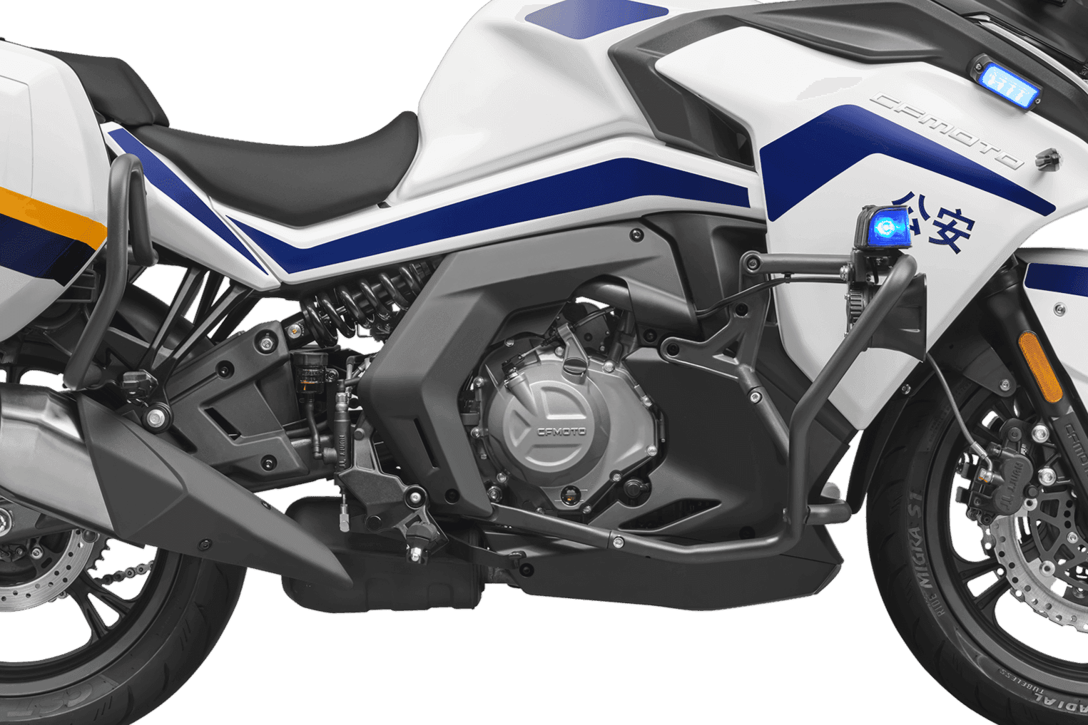 Side view of a white police motorcycle engine, showing blue stripe and "公安" text.