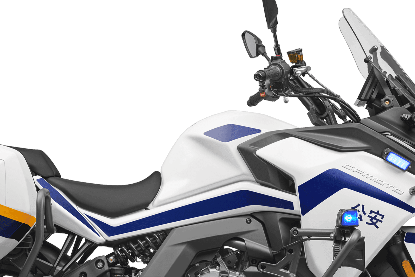 Side view of a white police motorcycle's front, with handlebars and blue "公安" text.