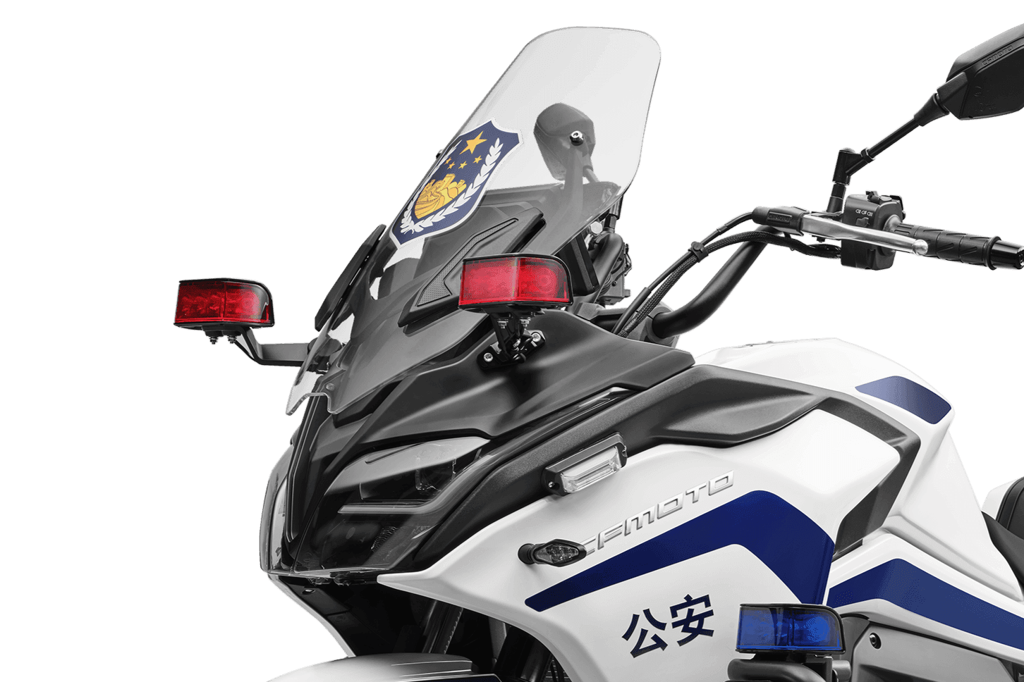 Angled front view of a white police motorcycle, showing crest, windshield, and lights.