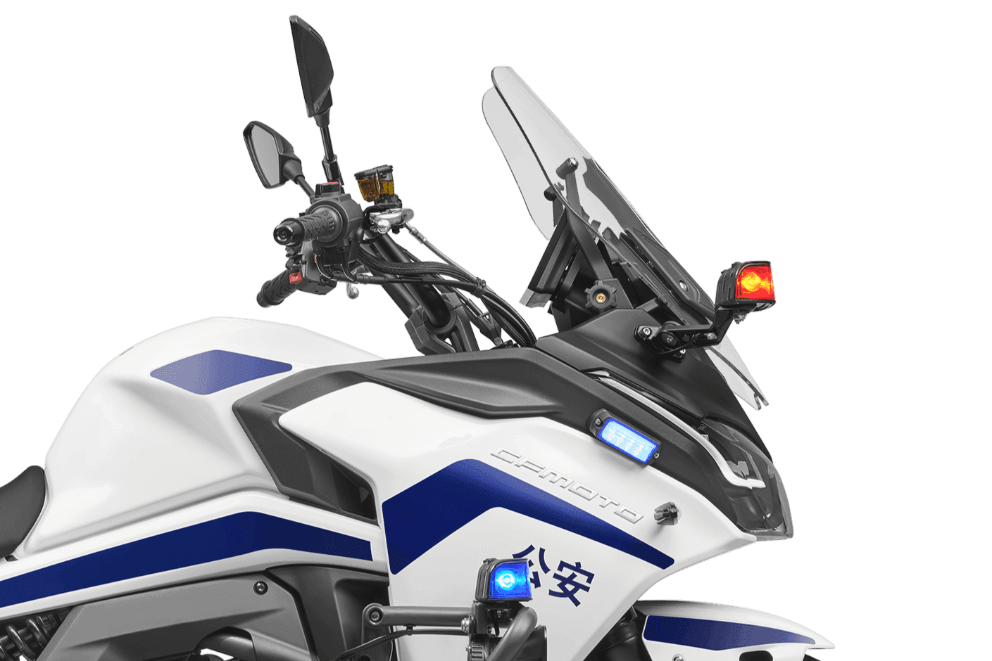 Side view of a white police motorcycle featuring a clear windshield and blue flashing lights.