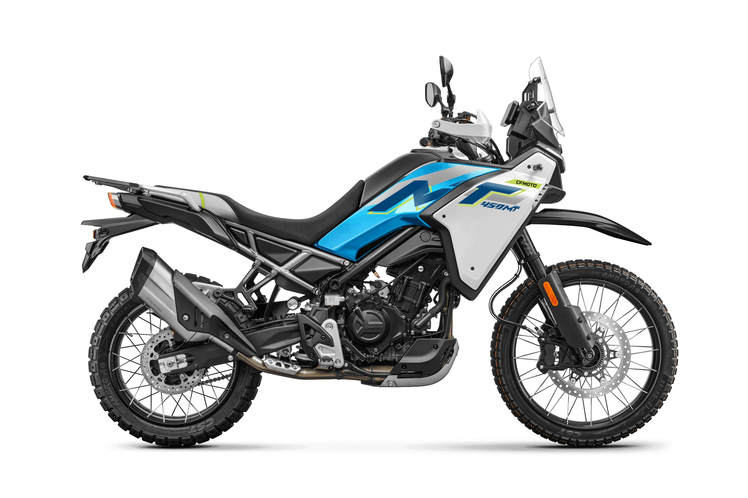 Side view of a white and blue adventure motorcycle featuring a robust engine guard.