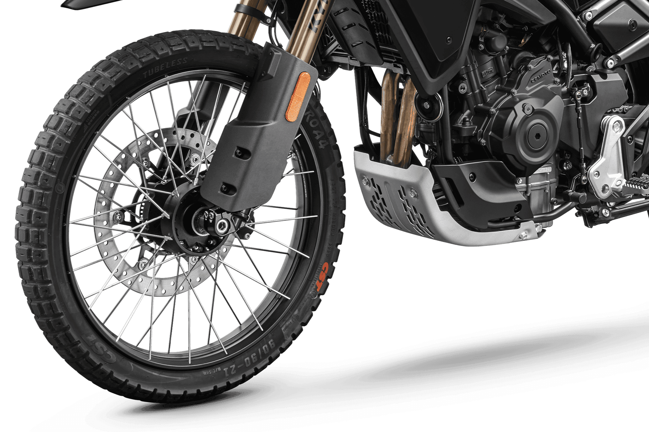 Close-up of the front spoked wheel, disc brake, and suspension of a black motorcycle.