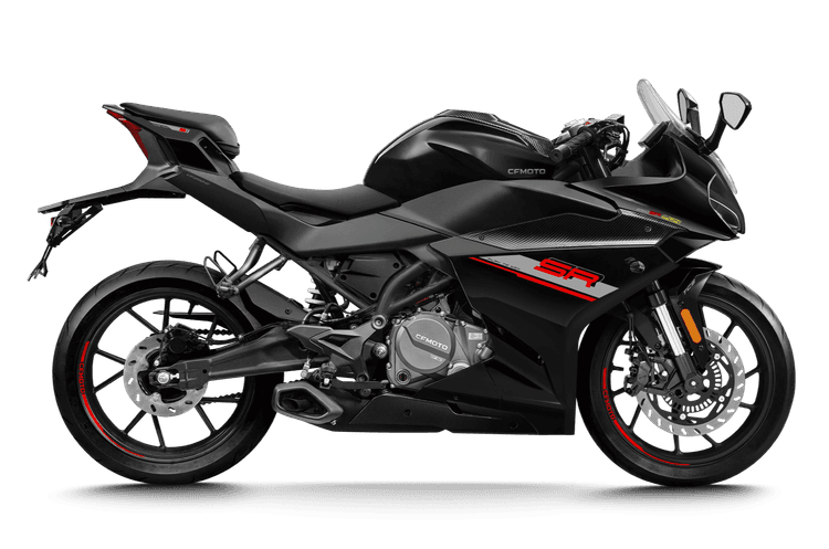 Sleek black sports motorcycle with red accents and SR branding.
