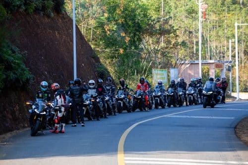 Many motorcyclists parked in a line on a winding road among trees and hills.