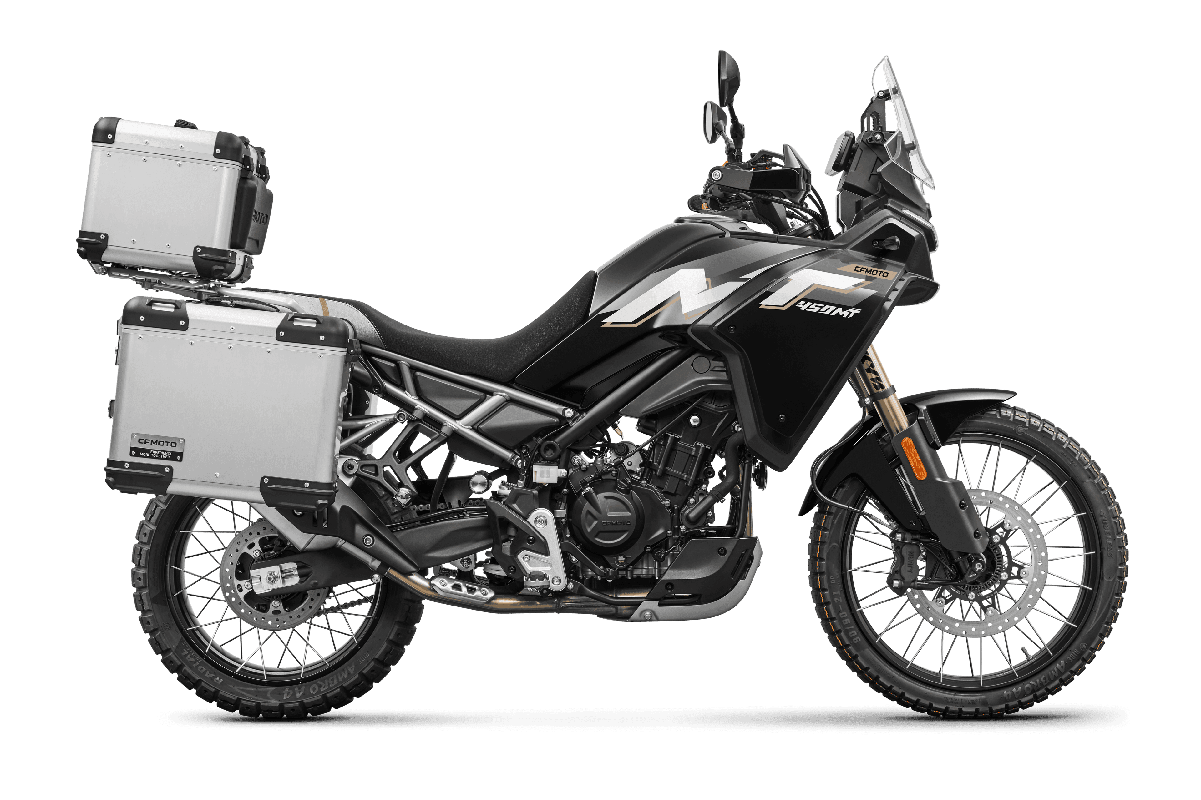 Black and gray adventure motorcycle with large silver aluminum panniers for touring.