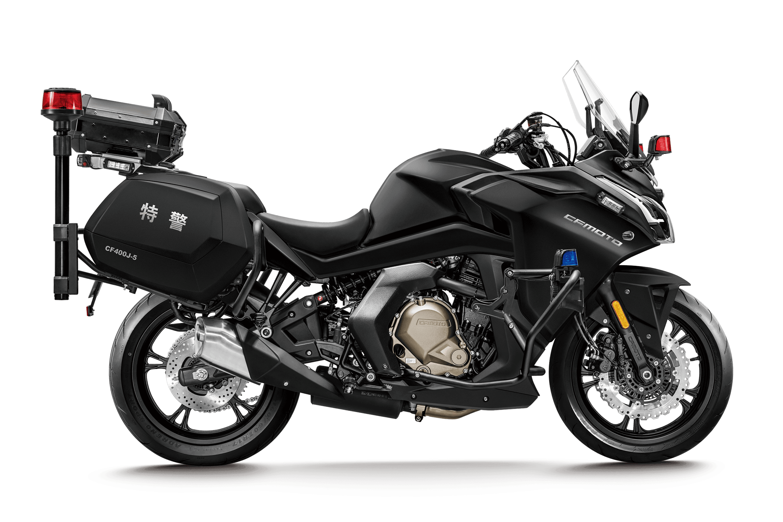 Black police touring motorcycle featuring red and blue lights and rear saddlebags.